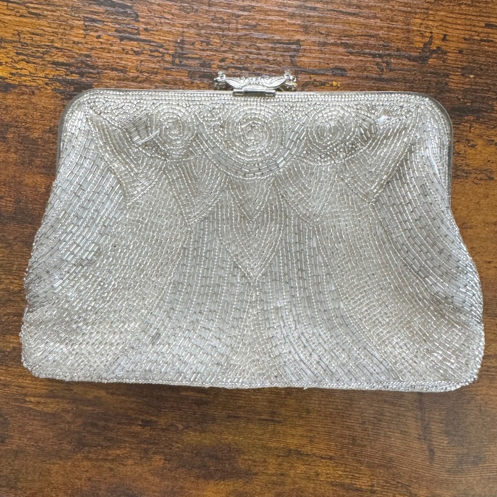 Walborg Vintage Silver Beaded Shell Clasp Evening Clutch Shoulder Bag Art Deco - Picture 6 of 7